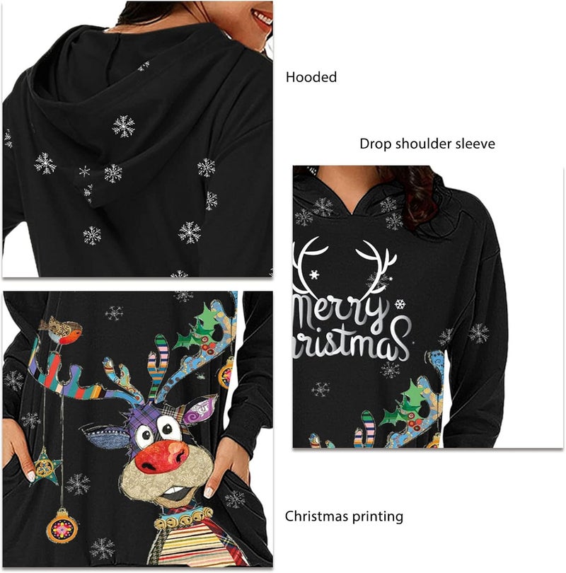 woobles Hoodie Dress, Womens Hoodie Dress Christmas Pattern Print Polyester Casual for Shopping - Image 4